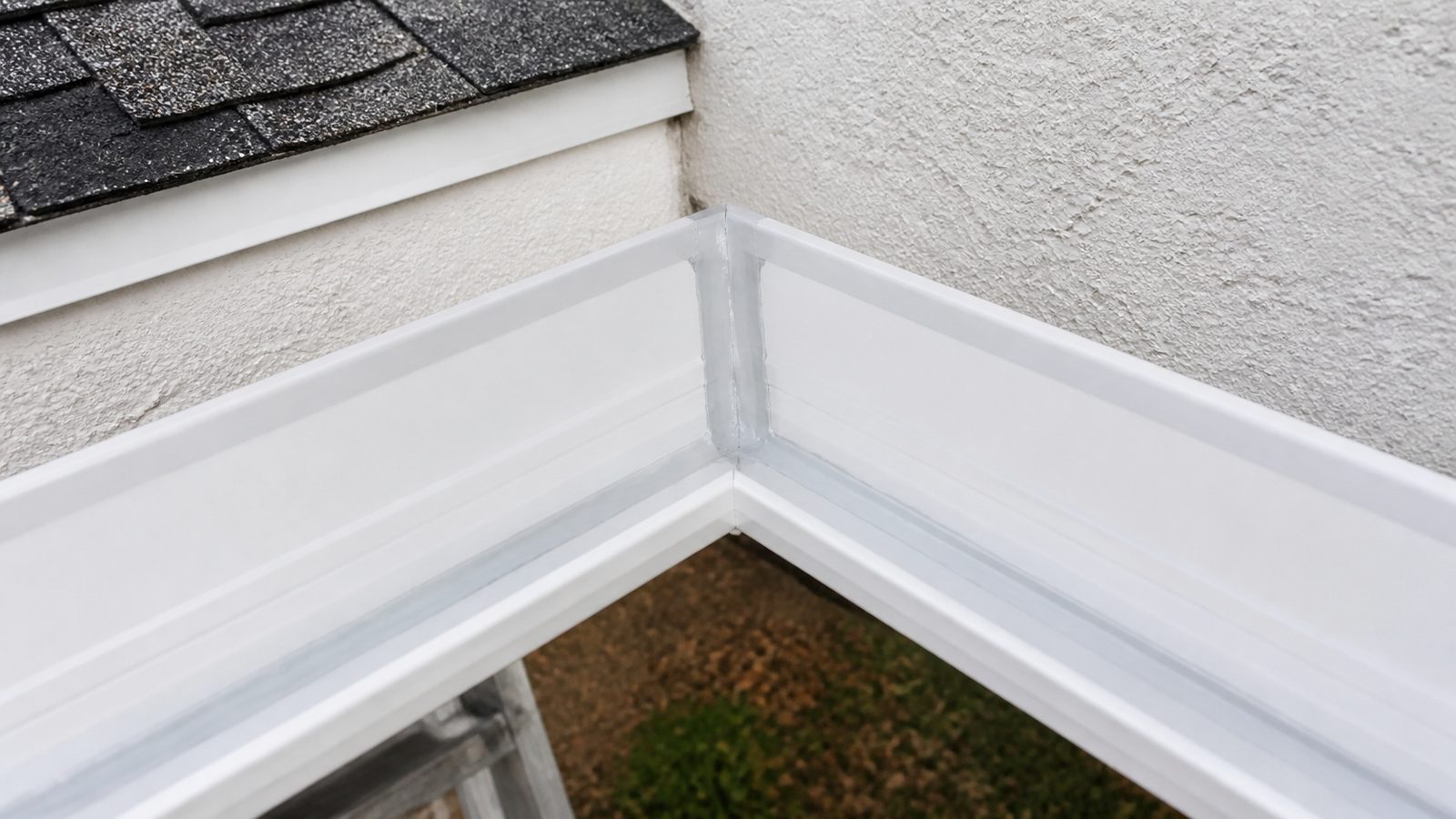 Clean white gutter miter sealed with a thin continuous light gray bead