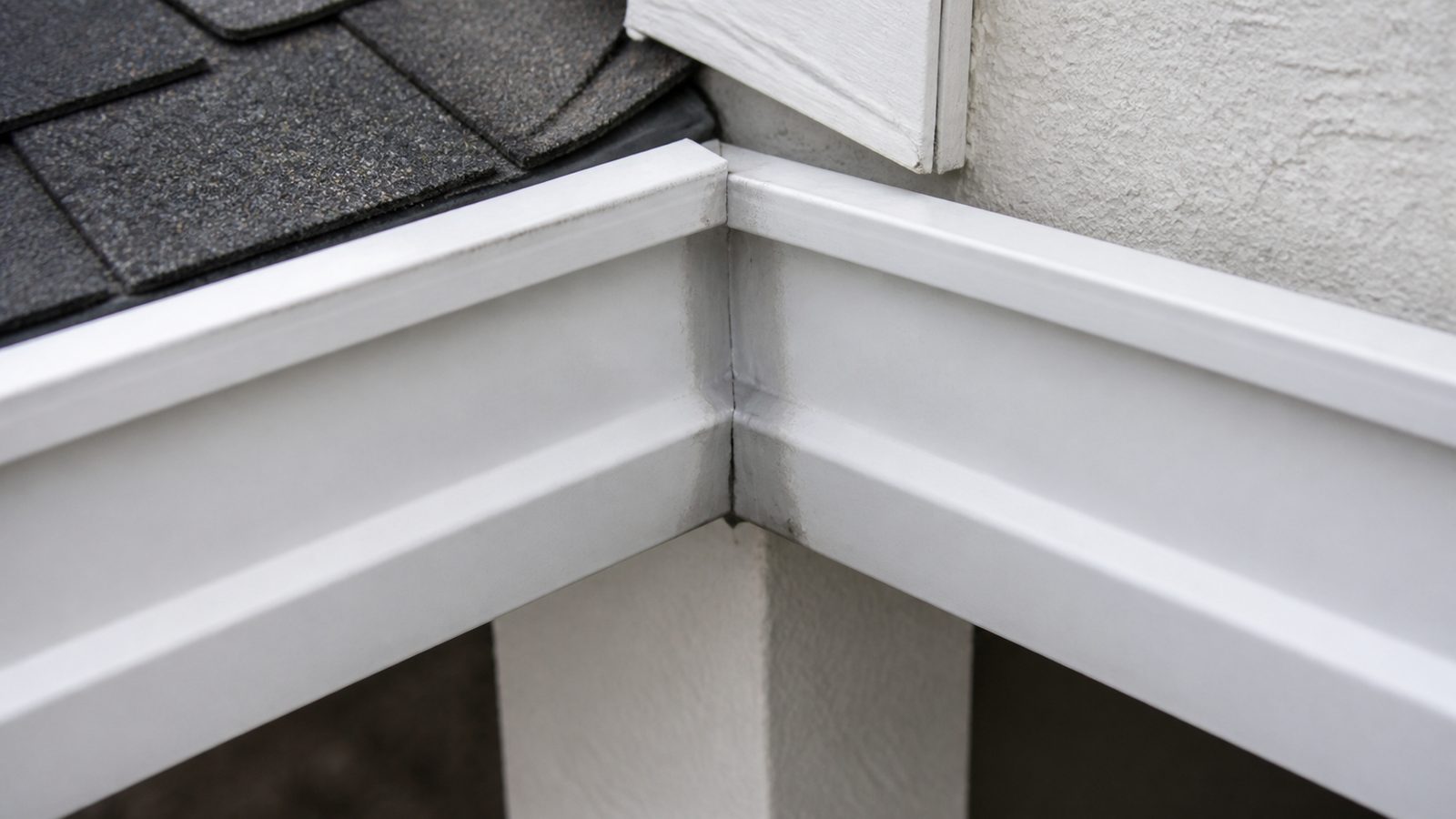 Aligned white gutter miter with aged sealant split and a dark water trace at the joint