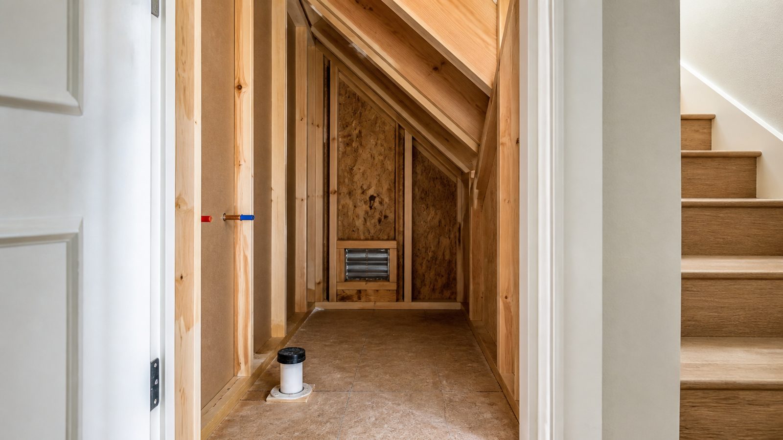 Compact half-bath rough-in beneath stairs with framed walls, plumbing locations, and protected floor