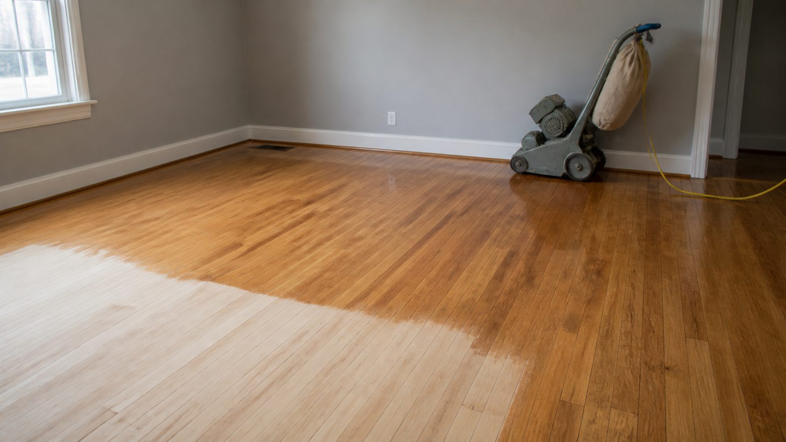 Partly sanded strip-oak floor in an empty room with a floor sander