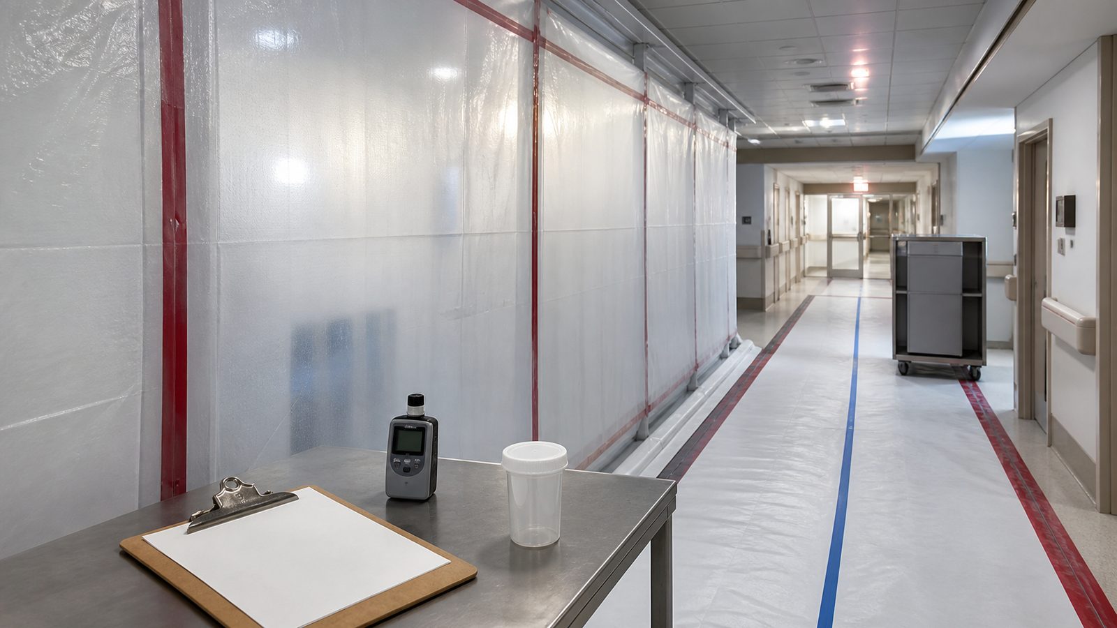 Blank inspection clipboard beside a protected hospital containment route