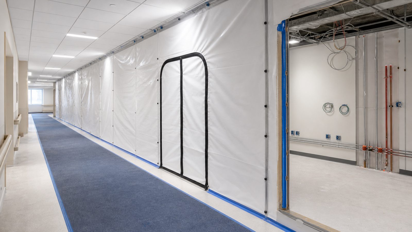 Protected hospital corridor beside an unoccupied contained renovation zone