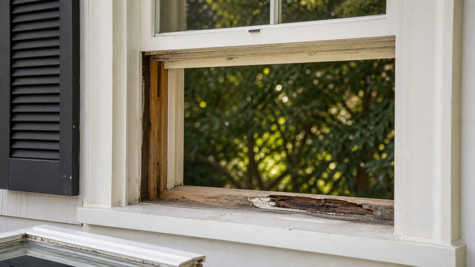 Historic wood double-hung window with localized sill repair and retained surrounding trim