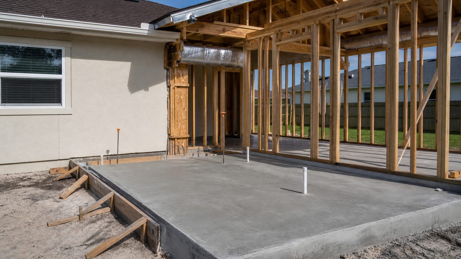 Florida room addition with new slab, plumbing stubs, framed walls, HVAC connection, and existing-home tie-in