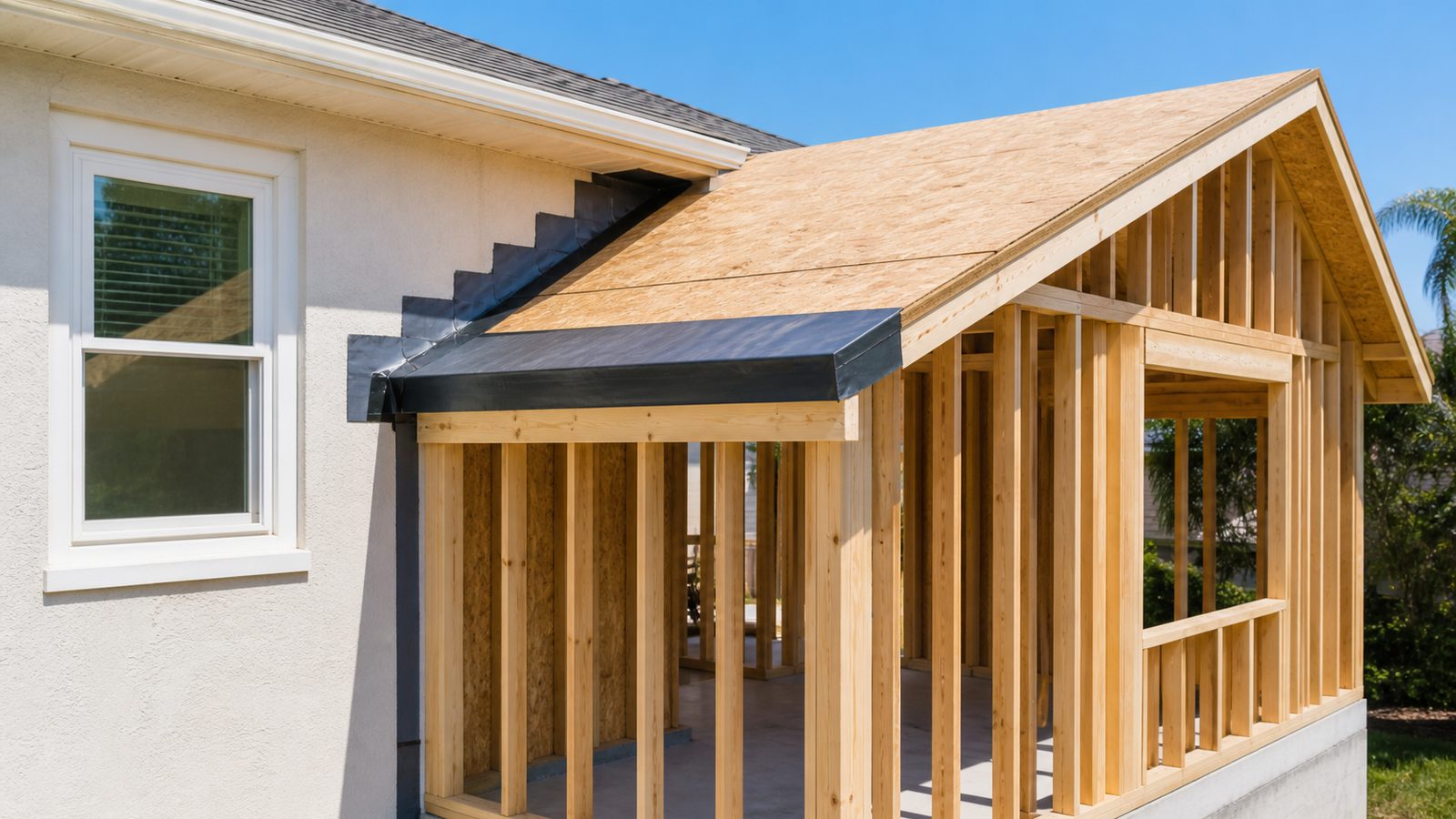 Florida addition framing connected to existing stucco wall and roof flashing