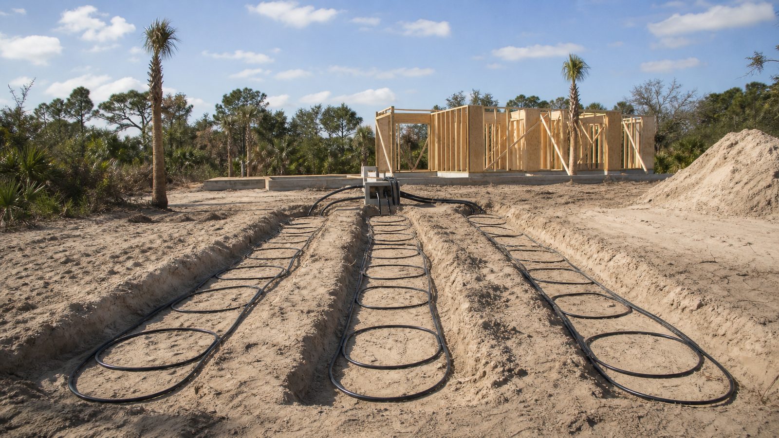 Parallel geothermal loop trenches with black piping beside an early custom-home frame