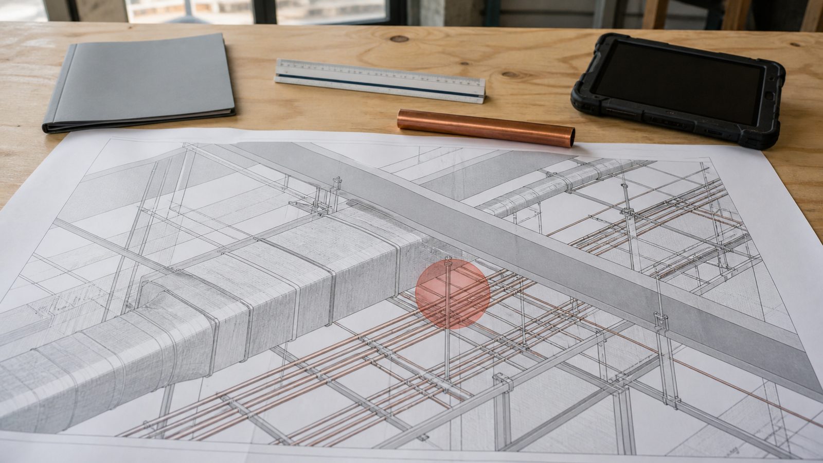 Abstract MEP coordination drawing with a highlighted duct and piping clash