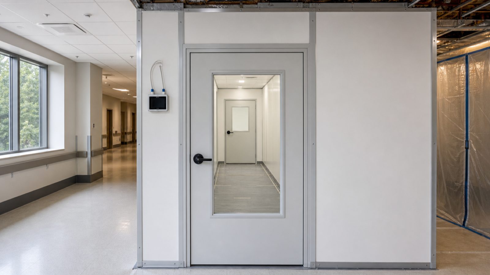 Two closed temporary doors forming a sealed hospital containment anteroom