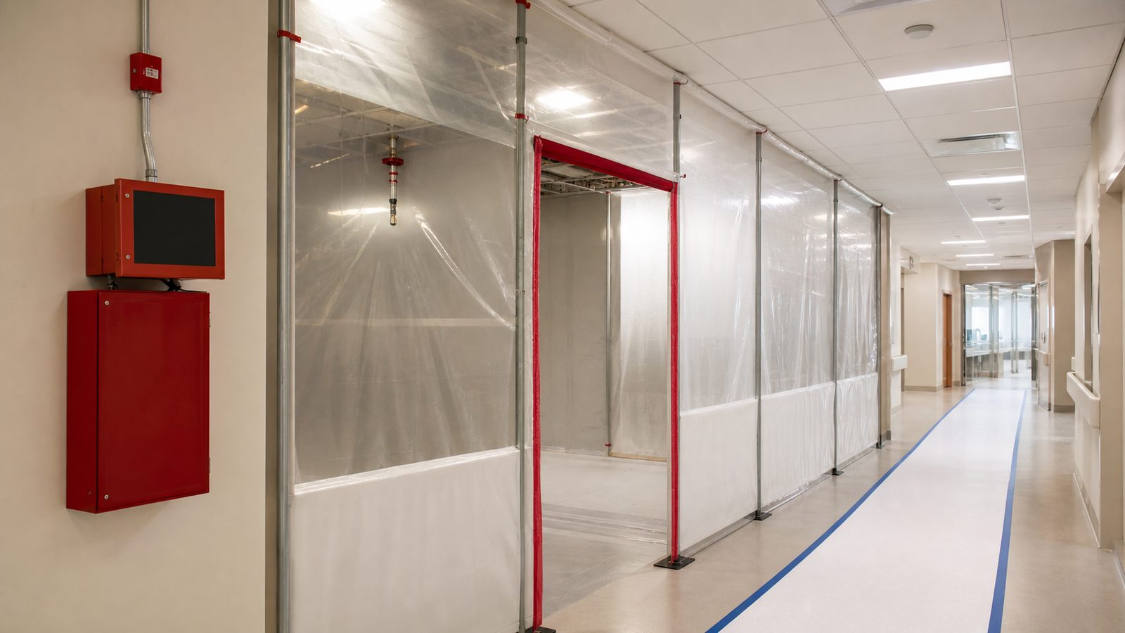 Hospital renovation containment with protected route and temporary life-safety coordination