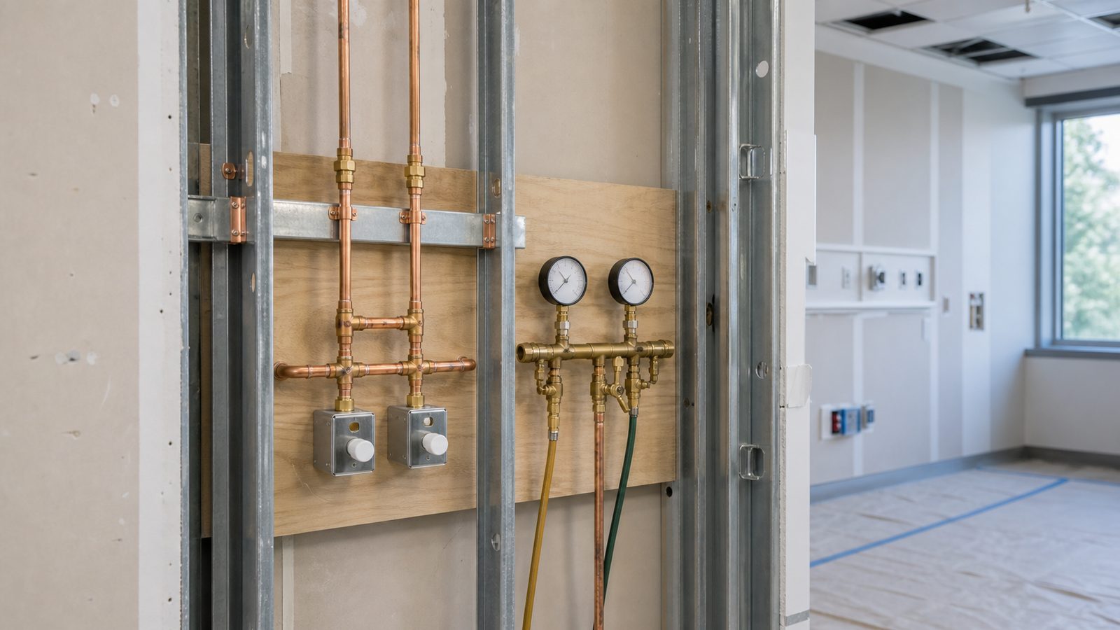 Copper medical gas piping connected to a plain pressure test manifold