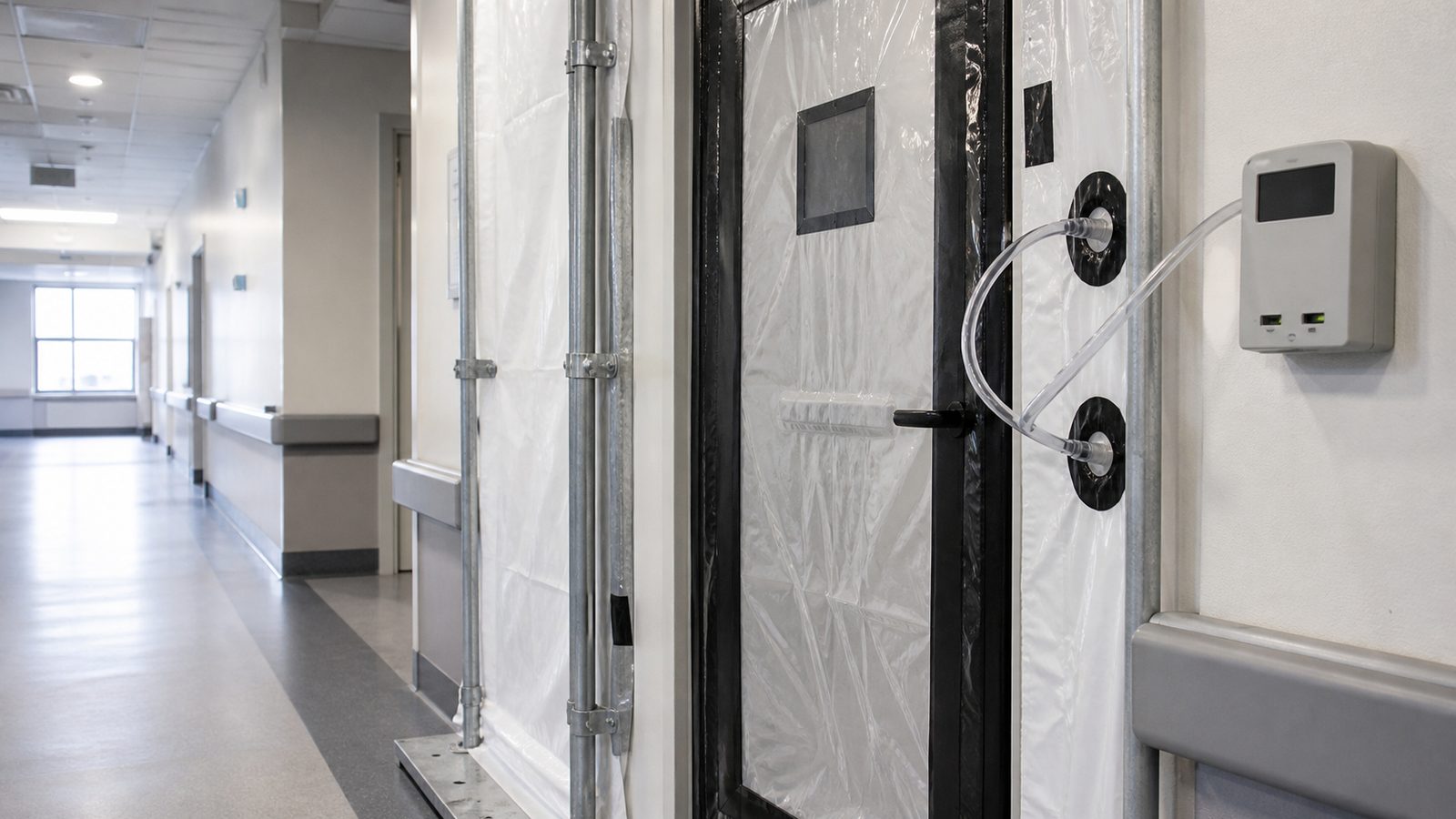 Differential pressure monitor connected to a sealed hospital barrier entry