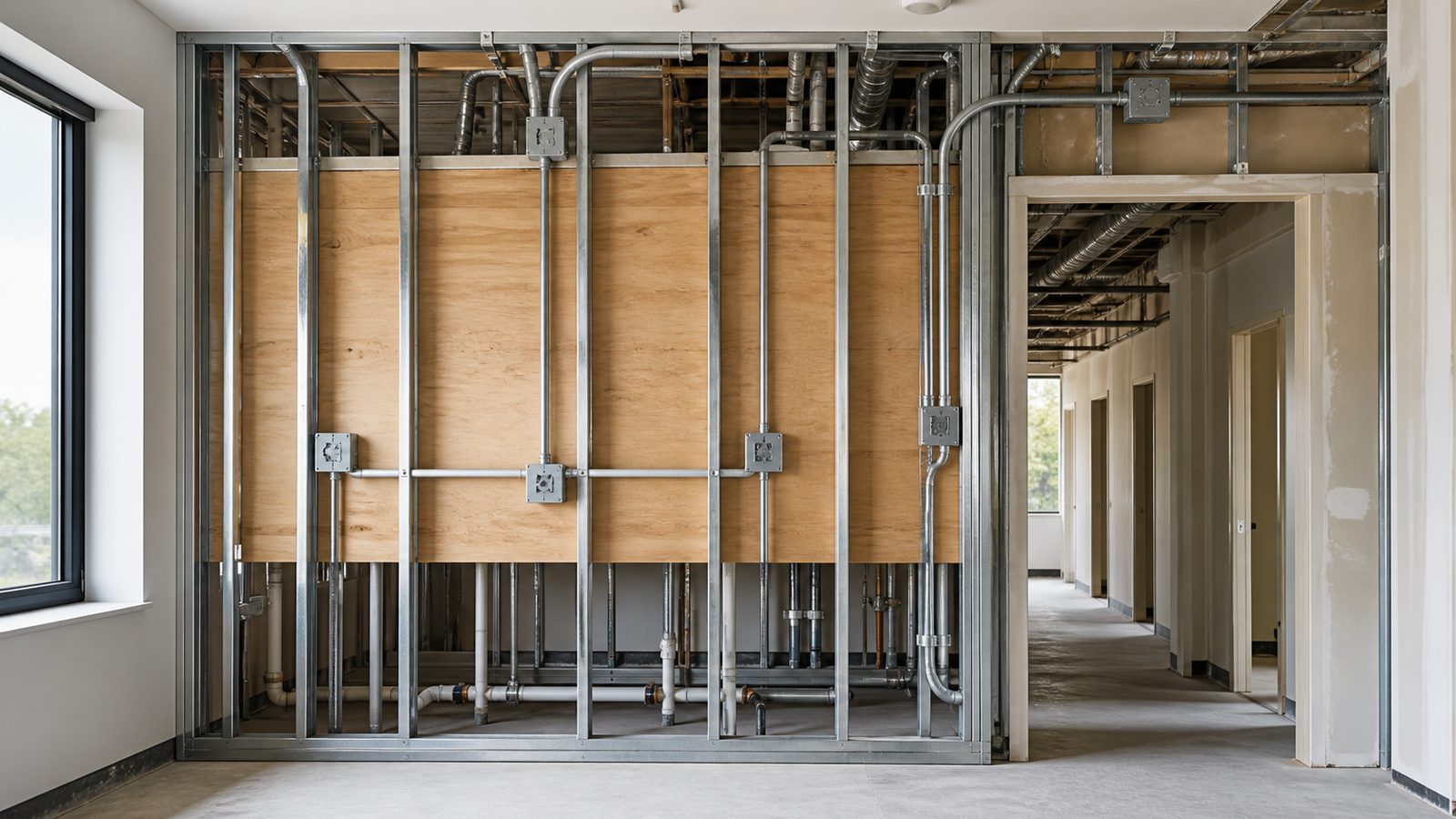 Hospital patient-room headwall rough-in with metal studs, EMT conduit, and plain device boxes