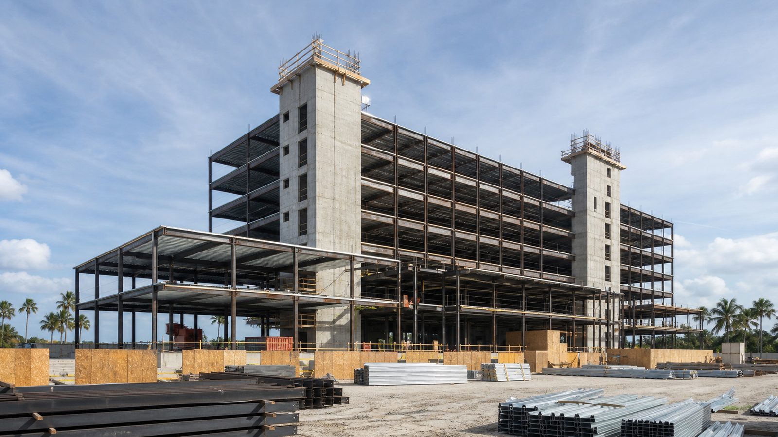 Multi-story hospital tower steel frame rising around two concrete service cores in Florida
