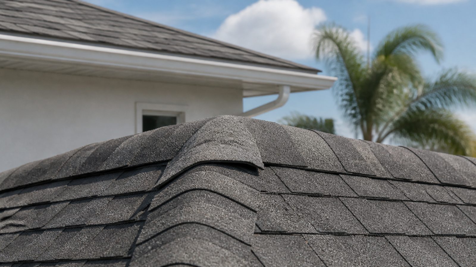 Lifted and cracked ridge cap shingle on a Florida hip roof