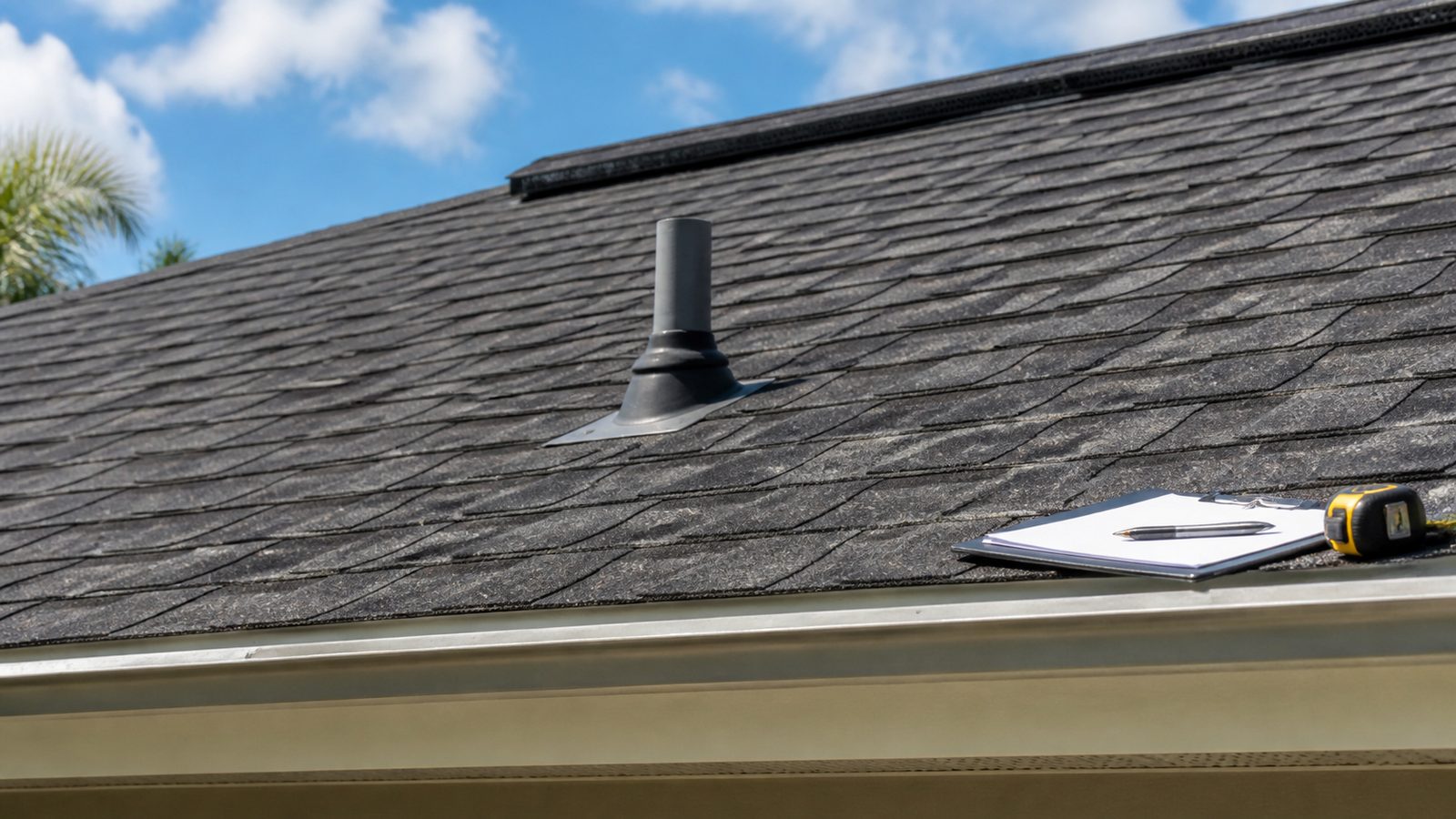 Florida asphalt shingle roof with a ridge vent, pipe boot, drip edge, clipboard, and tape measure