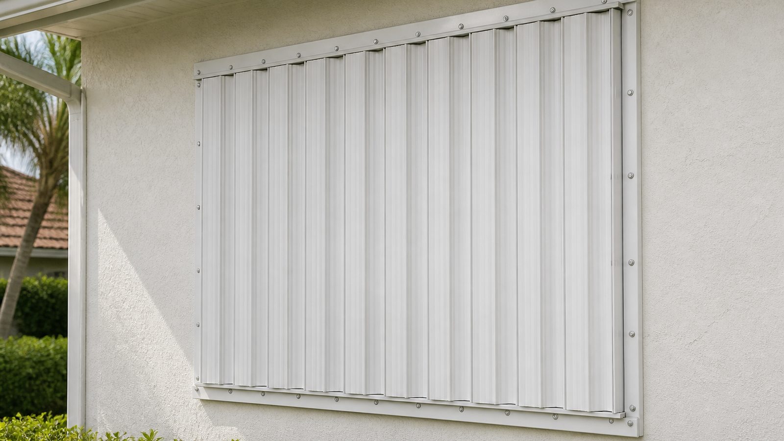 Closed aluminum hurricane-shutter panel system at a Florida residential window