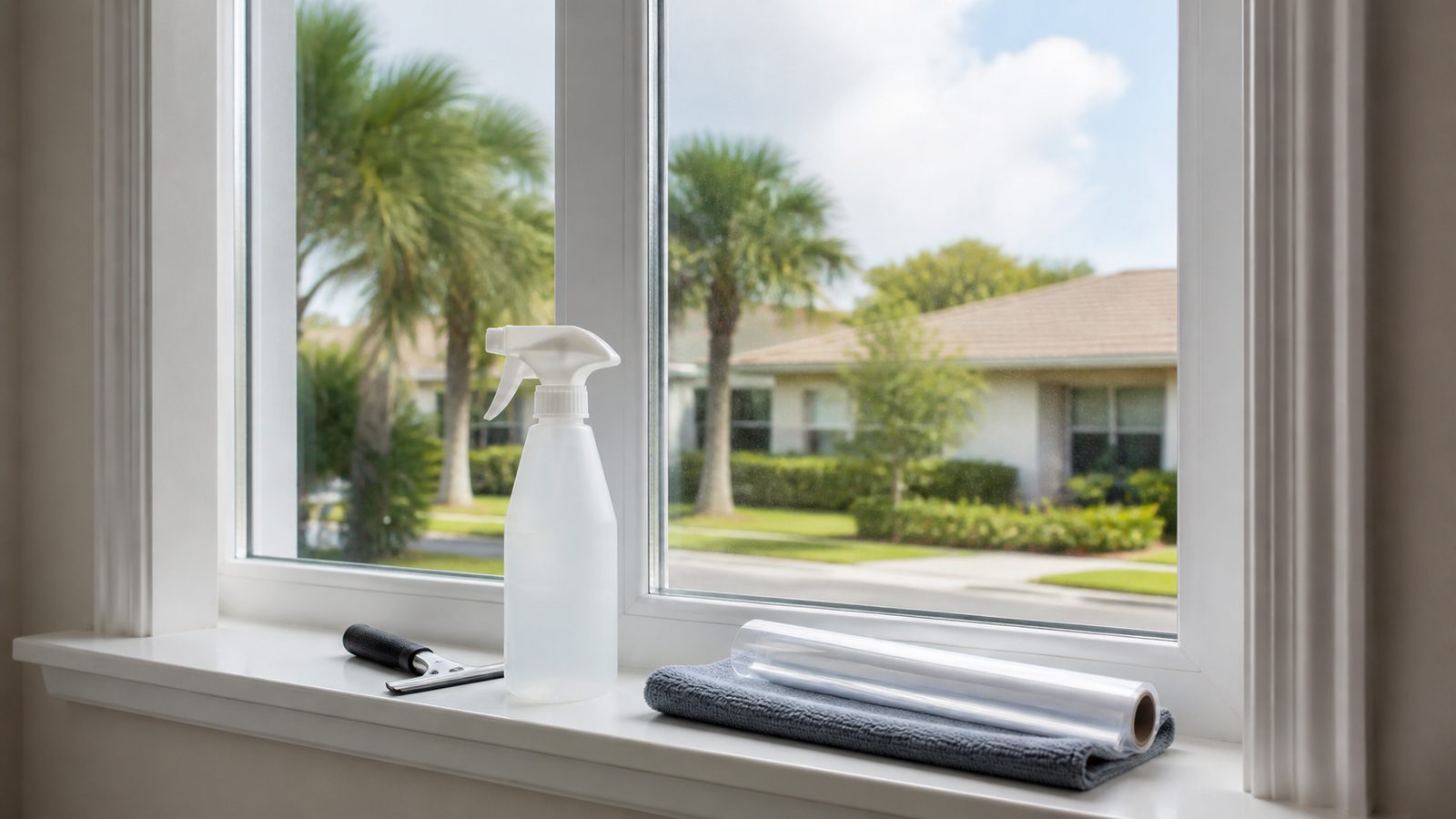 Exterior window prepared with a protective film layer and clean framed opening detail