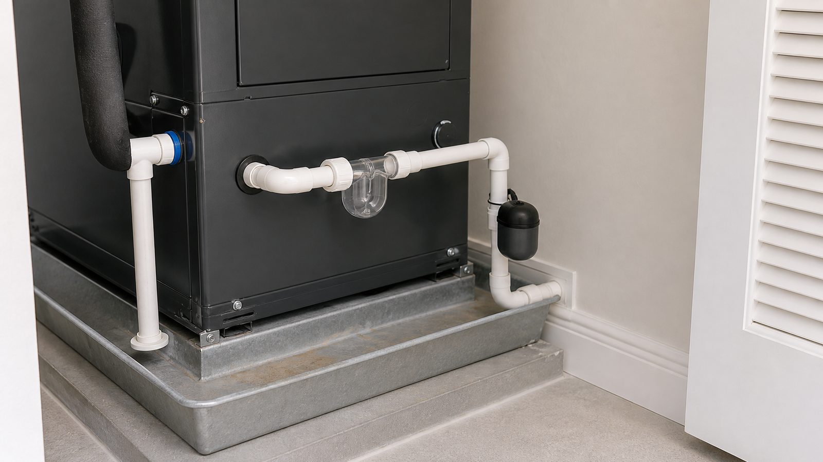 Residential air-handler condensate line with clear trap, float safety switch, and secondary pan