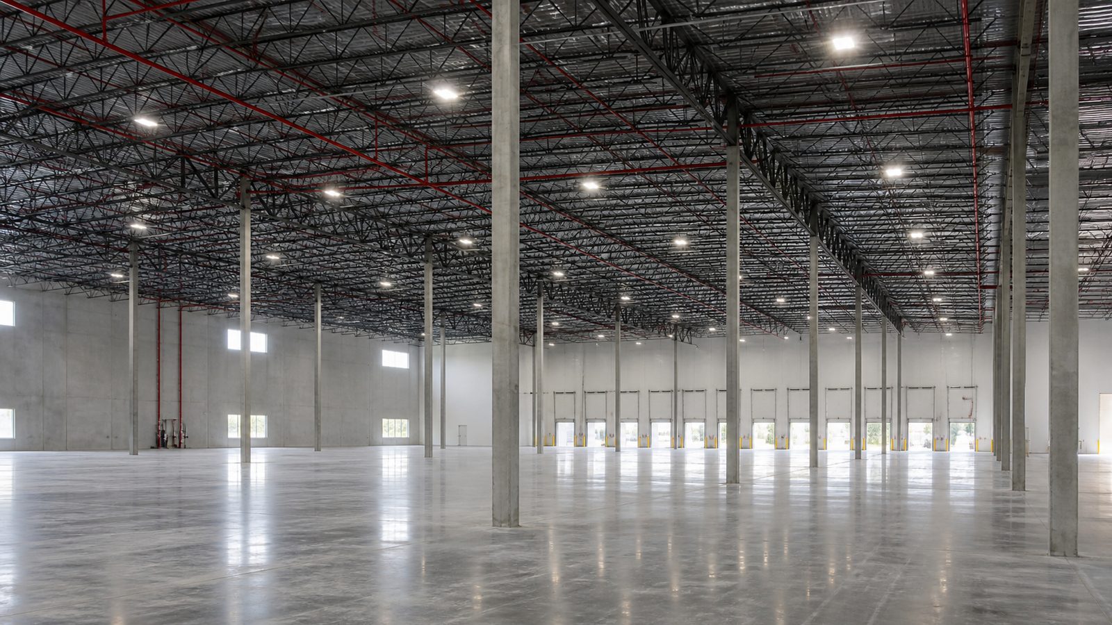 Empty high-bay warehouse with columns, sprinklers, and dock doors