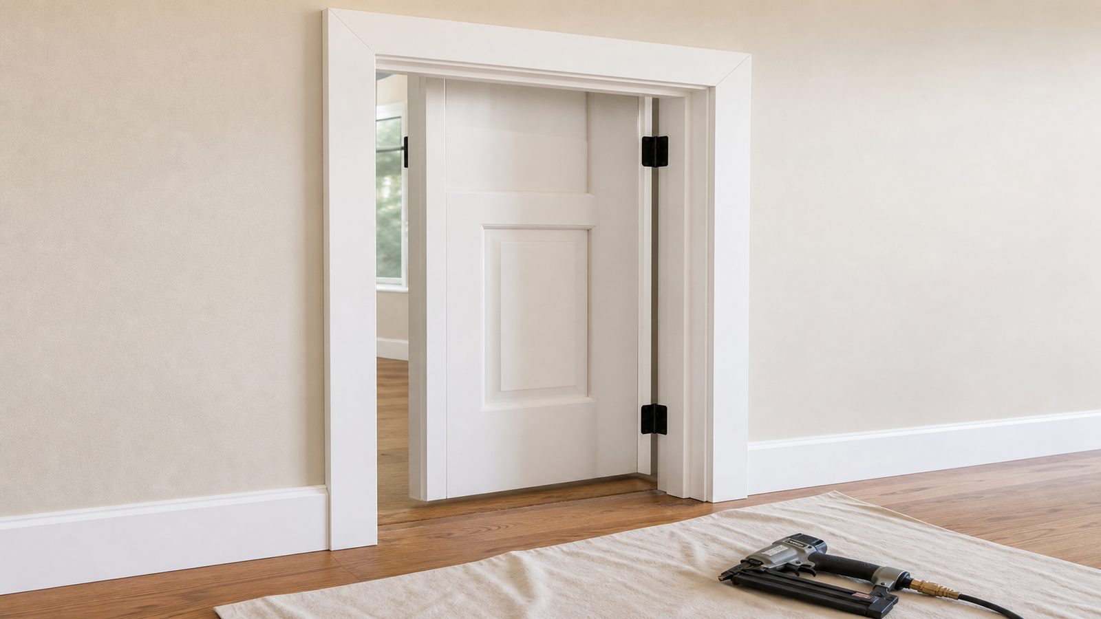 White interior door casing with clean mitered corners and an even reveal