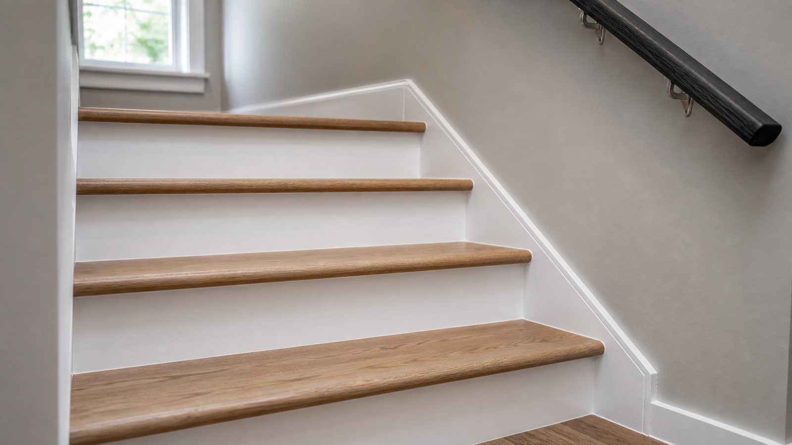 Finished oak staircase with even white risers, aligned nosings, and tight skirt joints