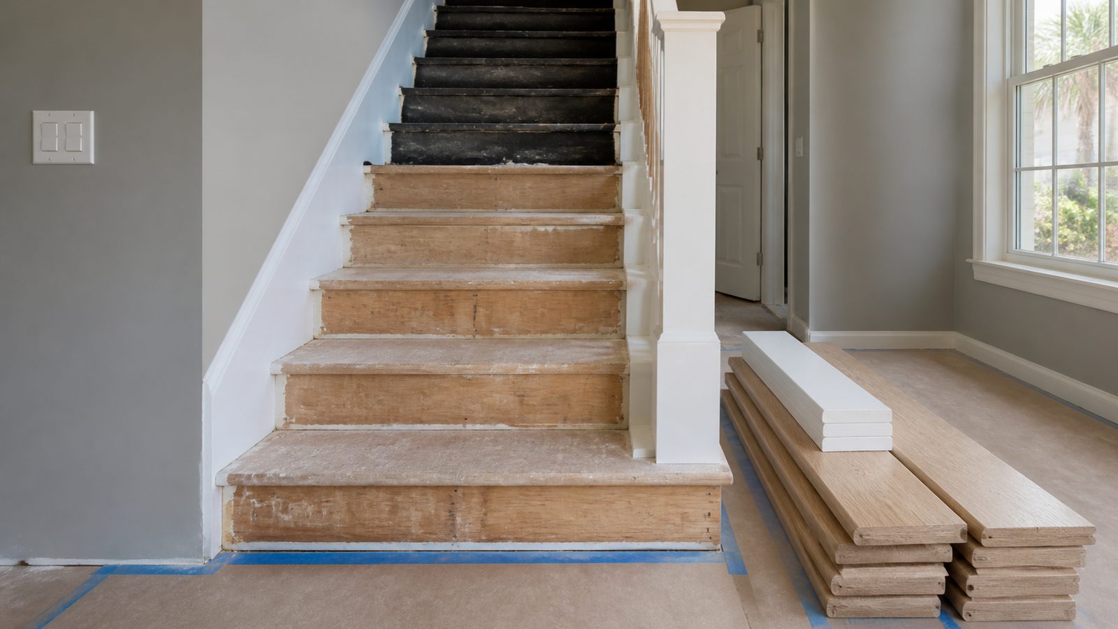 Interior staircase with carpet removed and oak tread stock staged at the lower landing