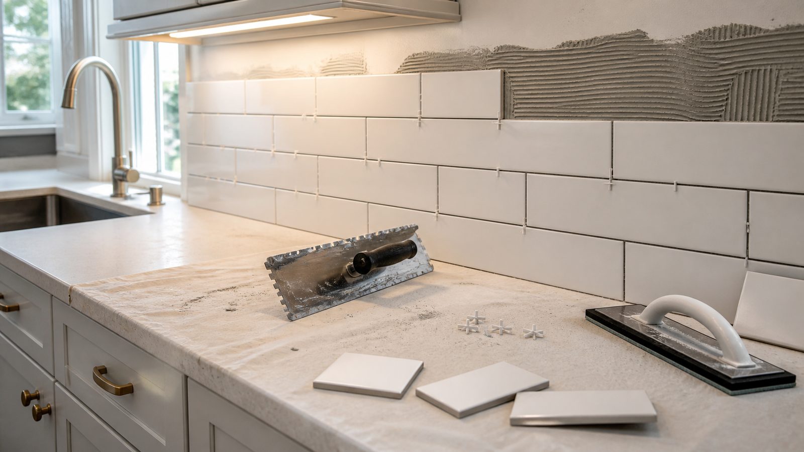 Kitchen backsplash tile being set in a clean prepared wall field