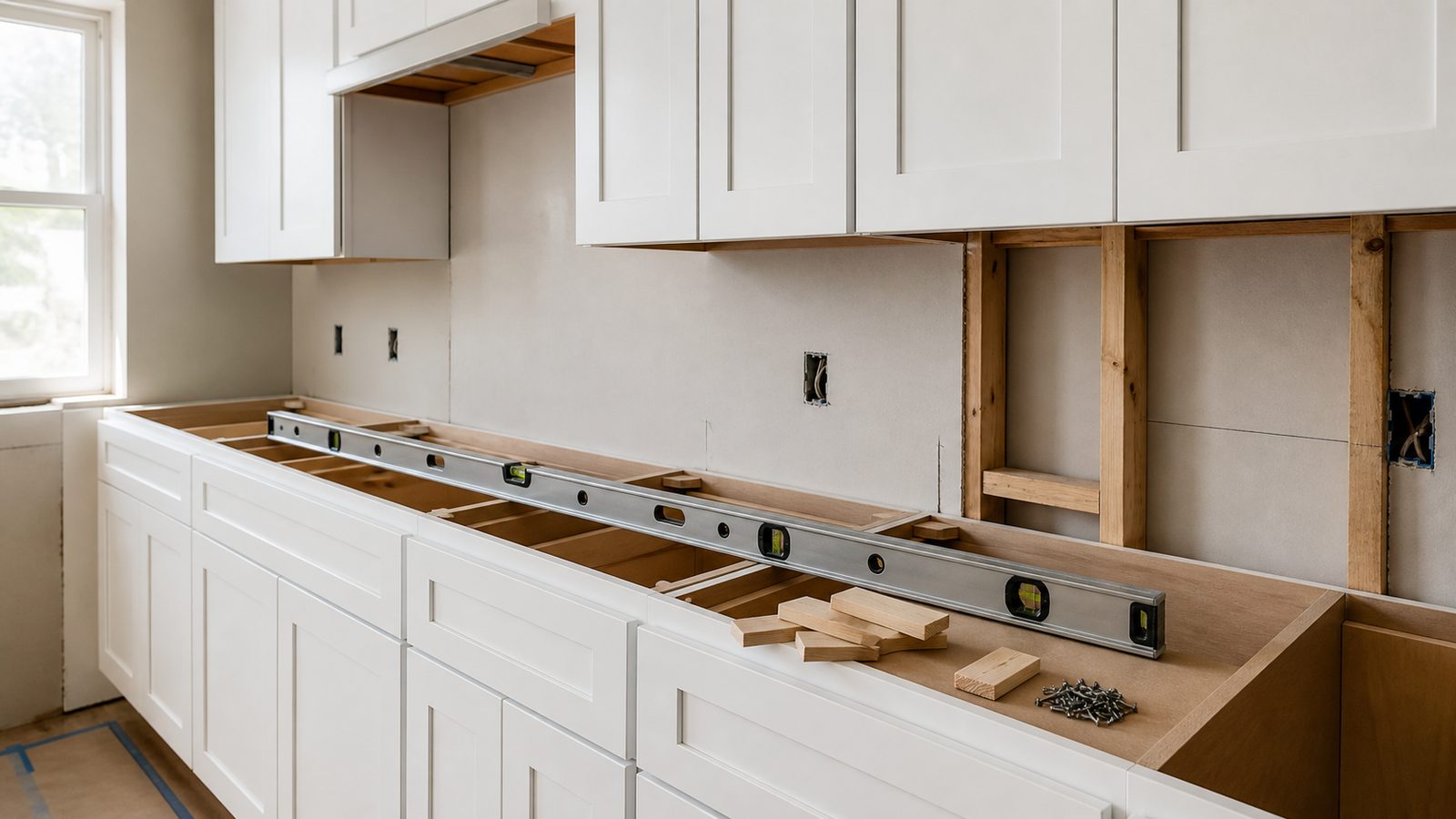 Kitchen cabinets aligned level before finish work