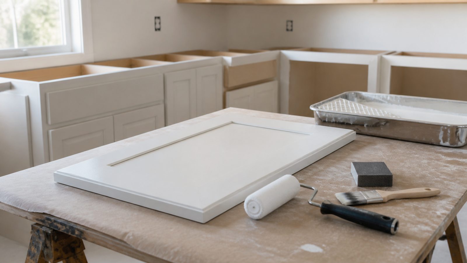 Cabinet door and drawer fronts staged on a clean painting workbench