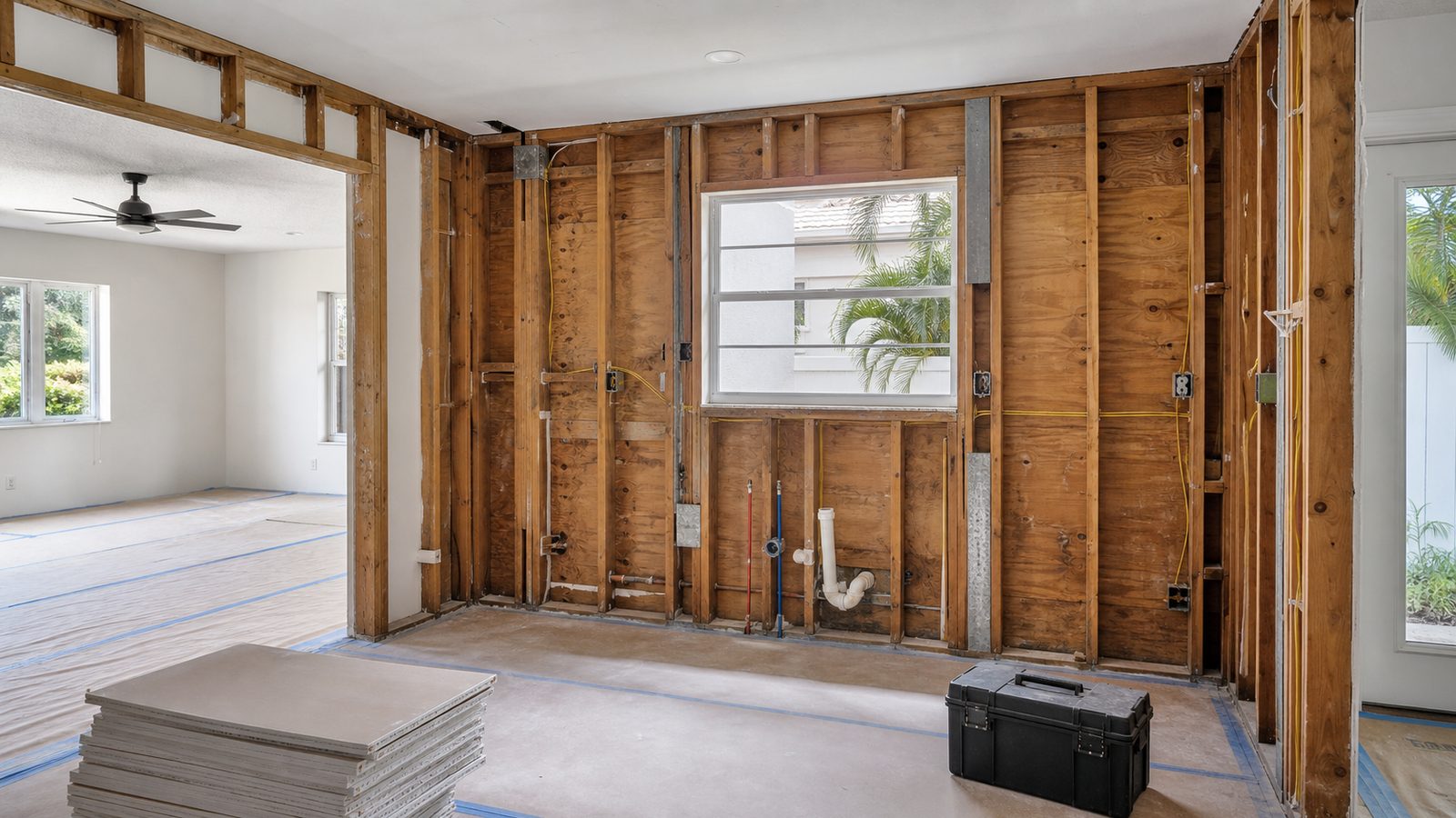 Unoccupied kitchen opened to wall studs with plumbing, electrical rough-ins, protected floors, and staged drywall