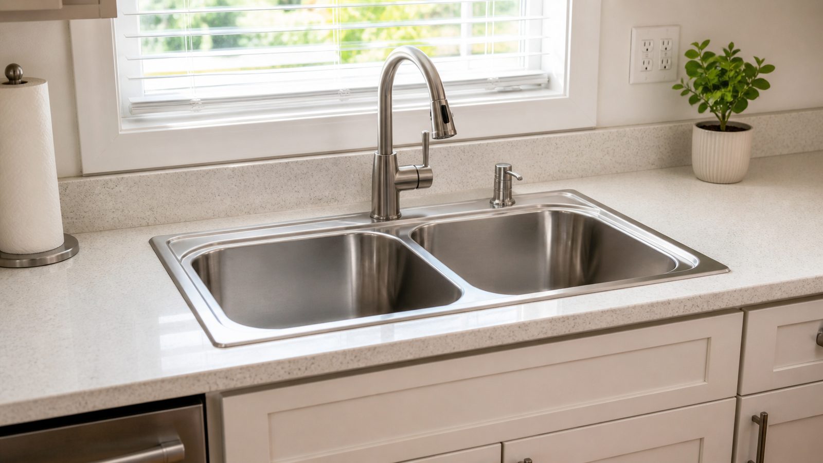 Kitchen sink seated in a clean countertop cutout