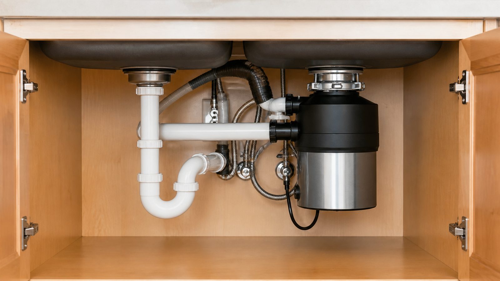 Kitchen sink cabinet with drain piping, garbage-disposal body, and accessible shutoff valves