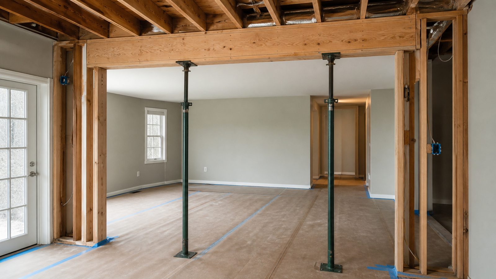Temporary steel support posts beneath a wood header in an unoccupied renovation