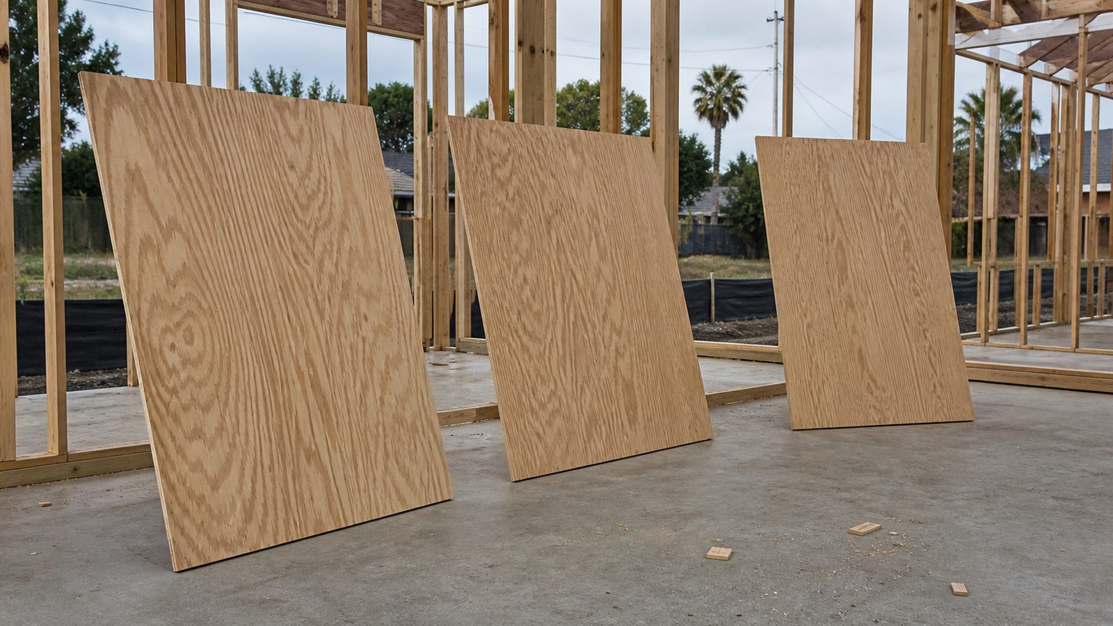 Three loose plywood sheets leaning inside an open Florida wood-framed construction site