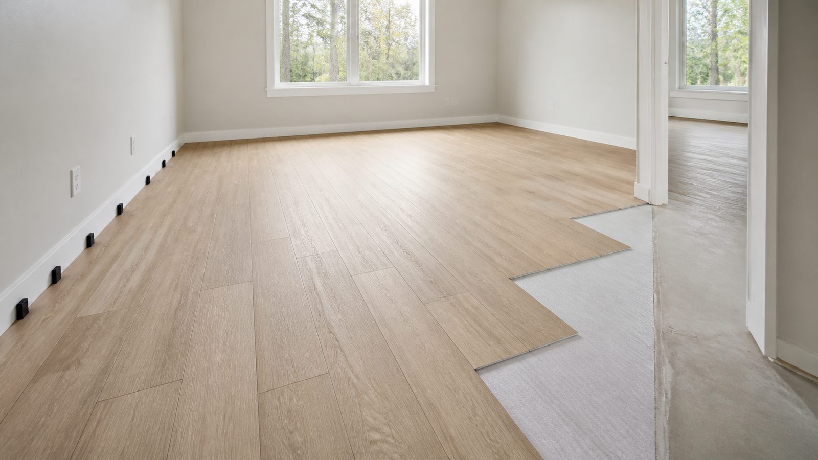 Luxury vinyl plank layout over underlayment with expansion spacers at the wall