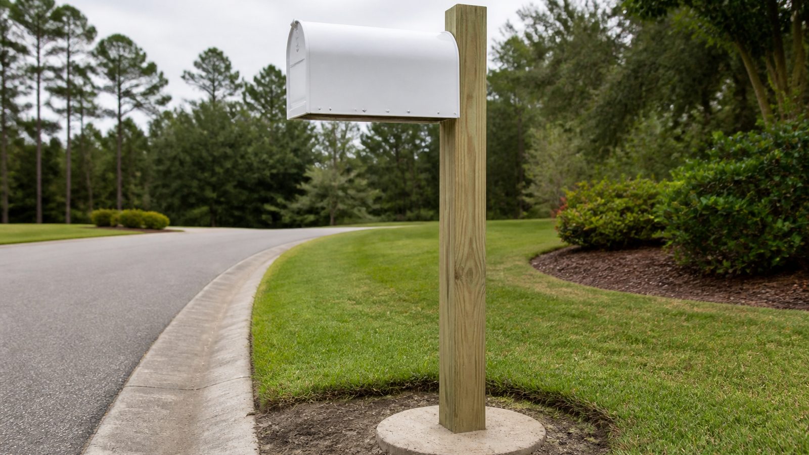 Generic white roadside mailbox on a straight wood post set into a round concrete footing
