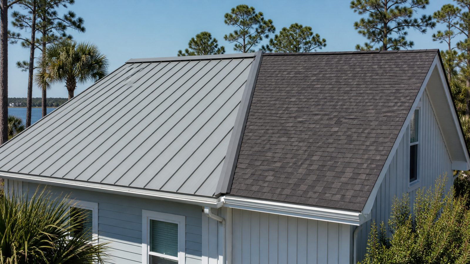Florida home roof with standing seam metal panels beside architectural asphalt shingles