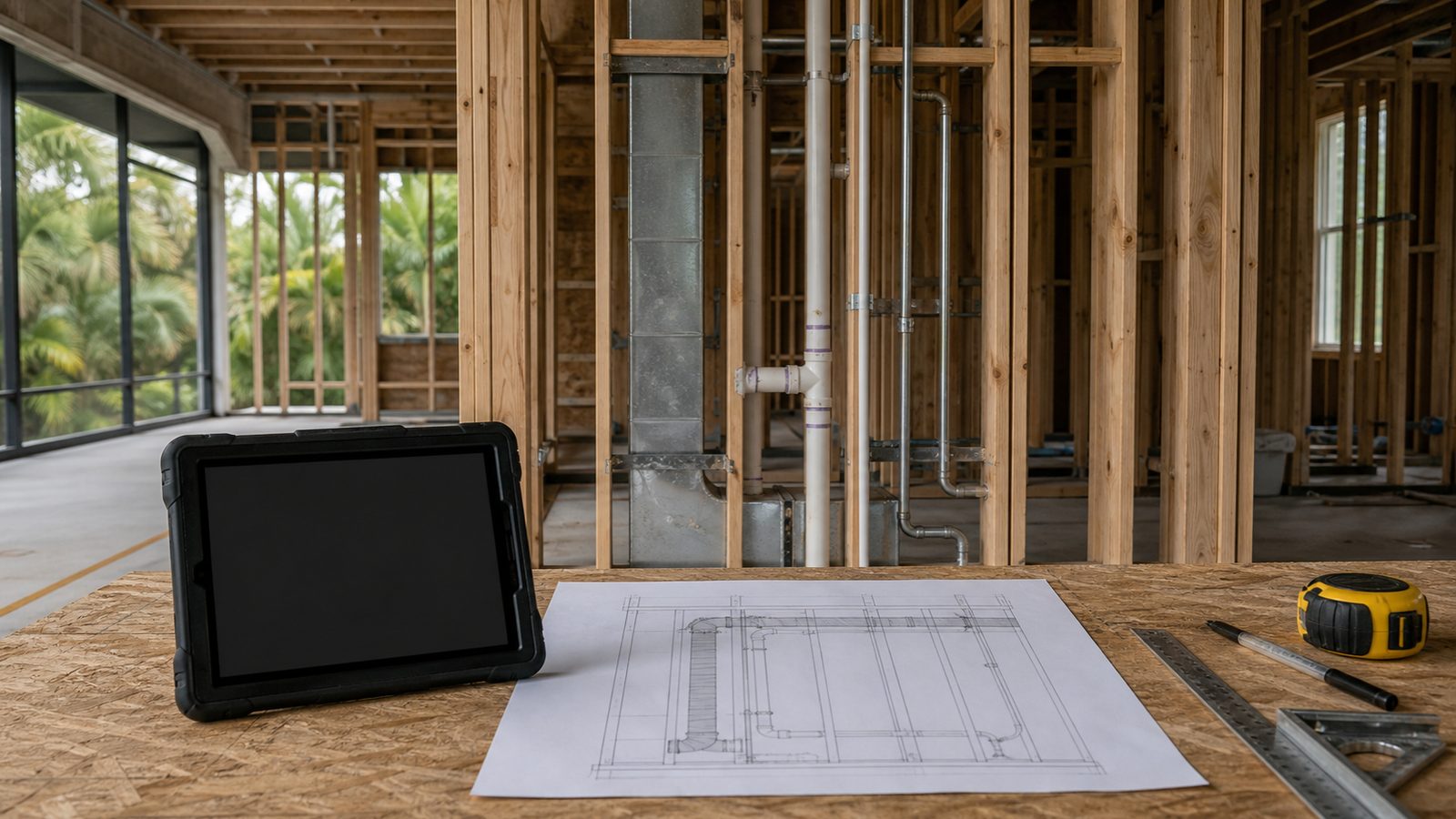 Dark tablet and abstract plan beside coordinated rough-ins in a framed Florida home