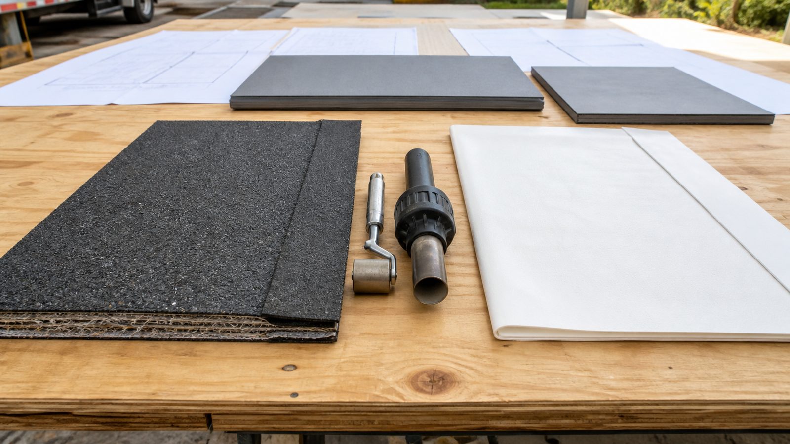 Dark mineral-surfaced modified-bitumen and smooth white PVC samples on a planning table