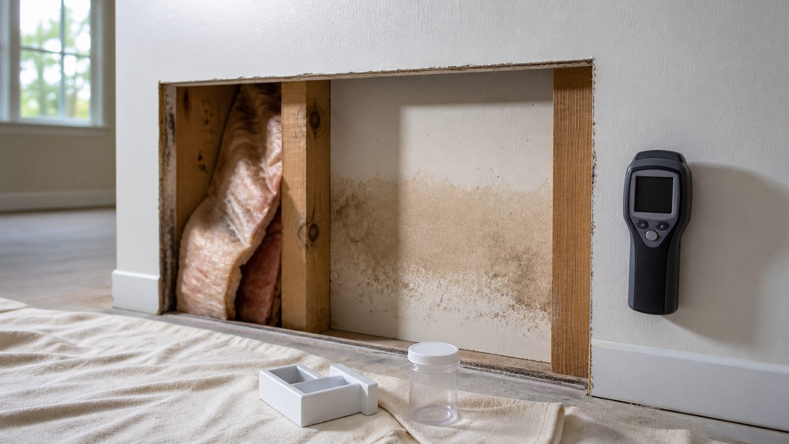 Moisture meter and plain sampling tools beside an opened damp wall cavity
