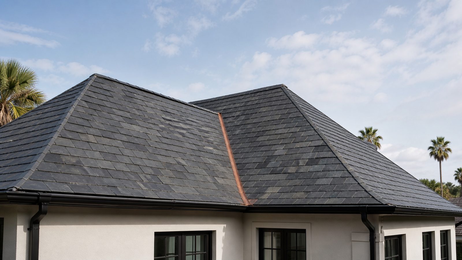 Natural slate hip roof with a copper-lined valley