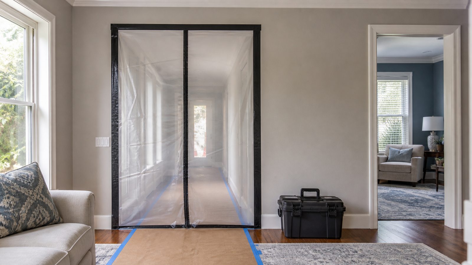 Clear floor-to-ceiling dust barrier and protected floor route between furnished unoccupied rooms.