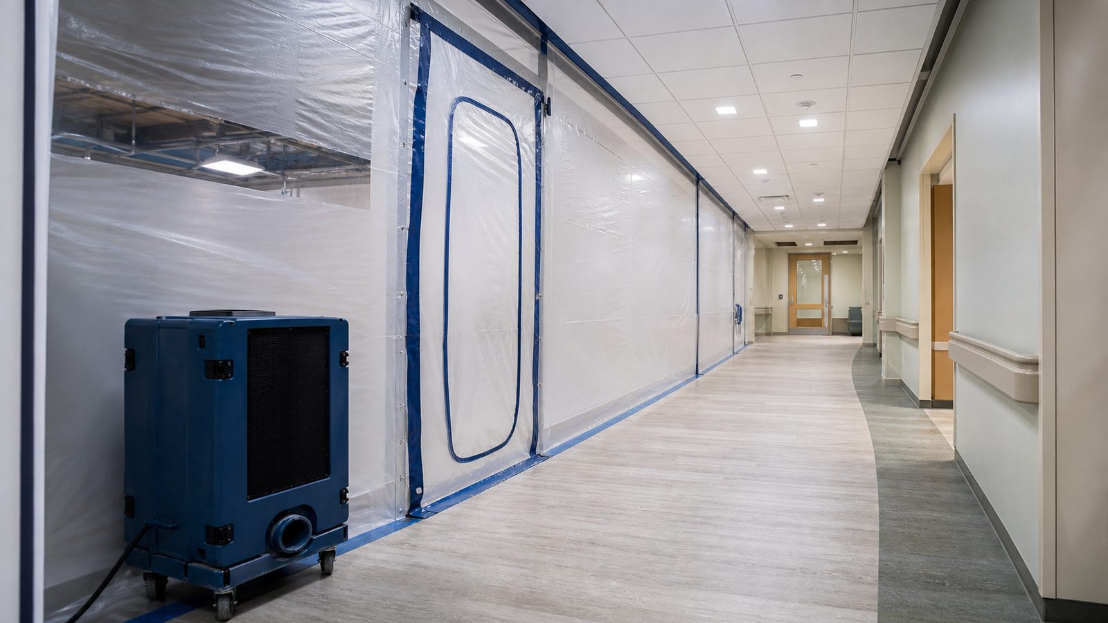 Unoccupied hospital corridor beside a sealed construction containment zone