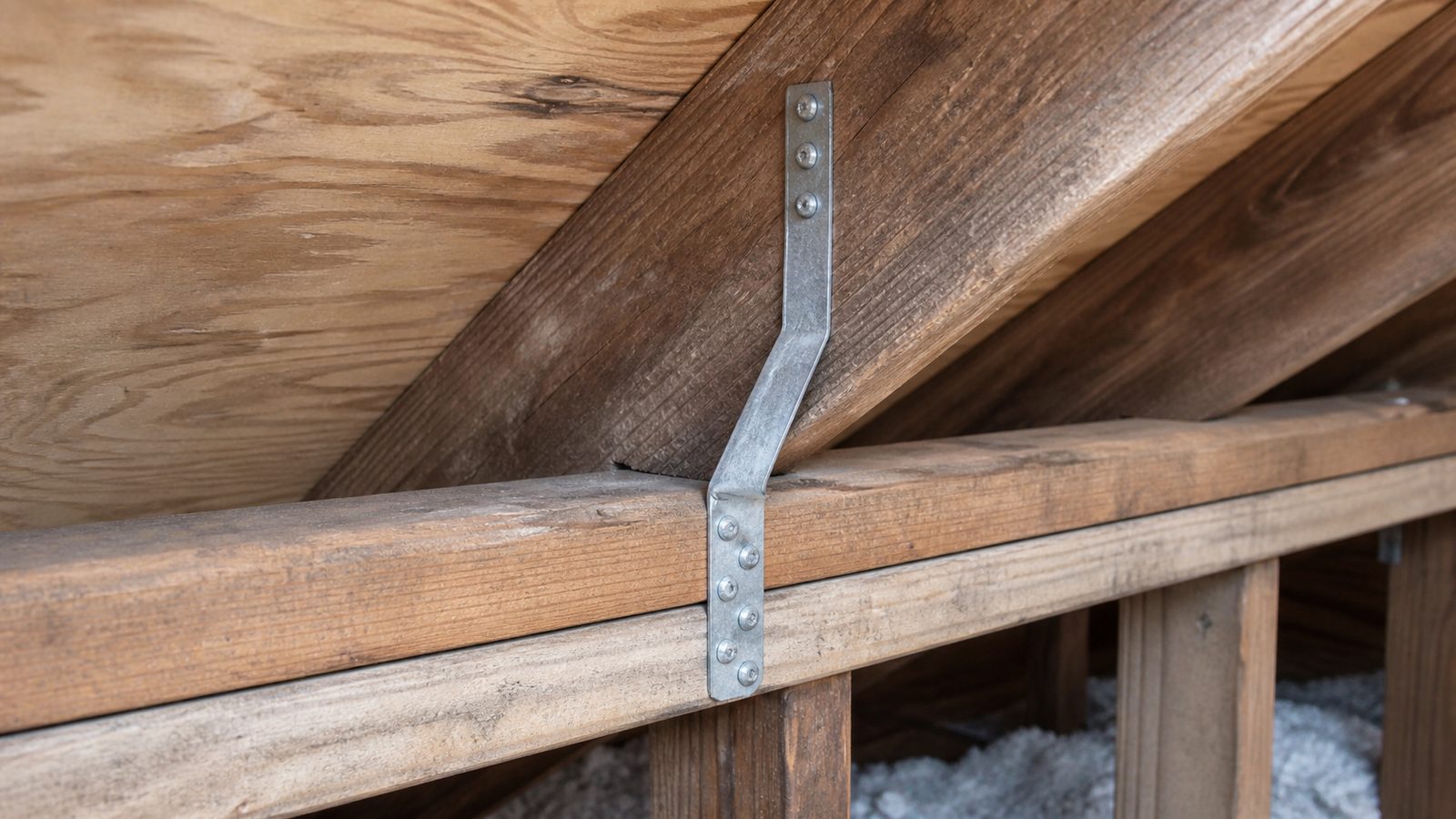 Galvanized hurricane strap nailed across an attic rafter and wall plate