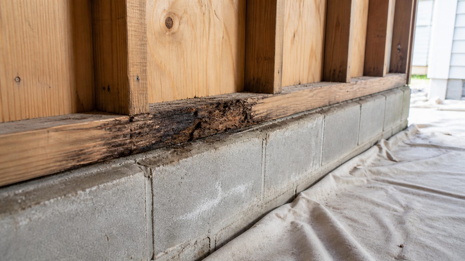 Localized decay in a wood sill plate above a concrete block foundation