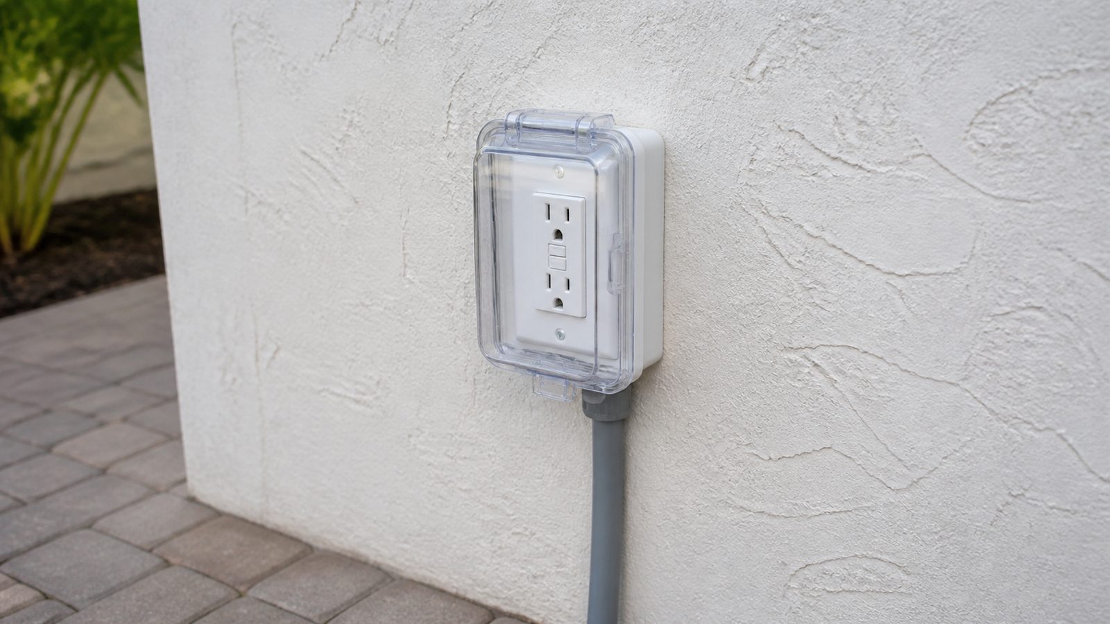 Weather-resistant exterior receptacle protected by a clear in-use cover on stucco