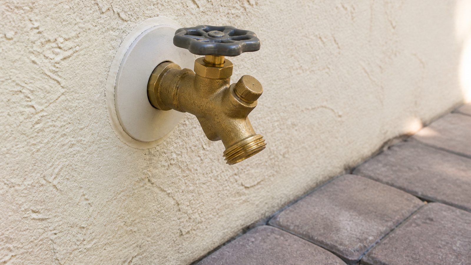 Dry brass anti-siphon outdoor hose bib on a stucco wall above a paver path