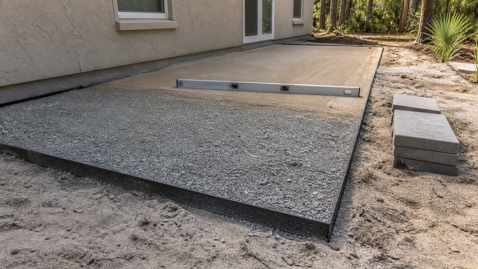 Prepared outdoor base with compacted material, straight string lines, and a level