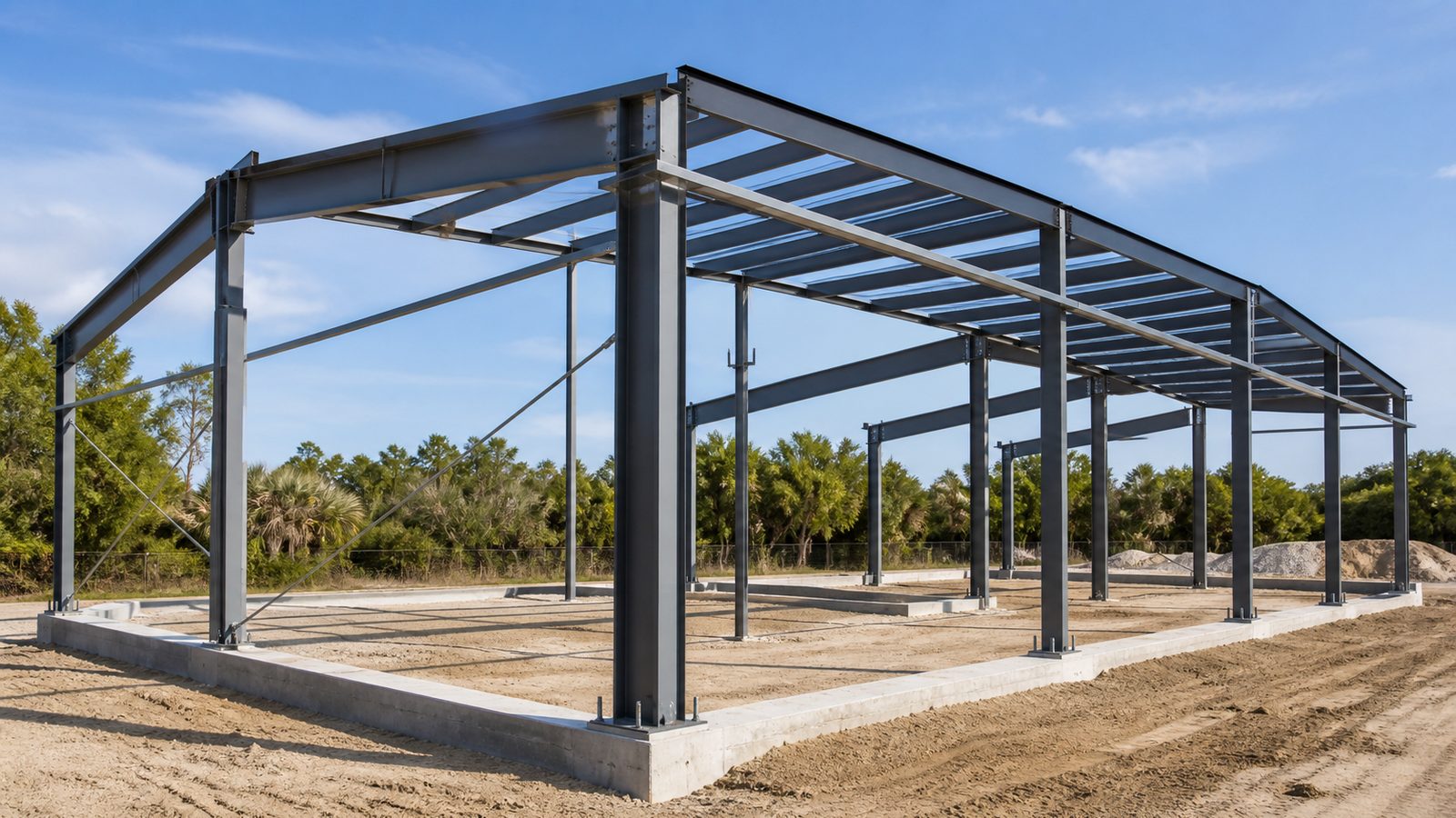 Pre-engineered metal building with rigid steel frames, base plates, anchor bolts, purlins, bracing, and concrete foundations
