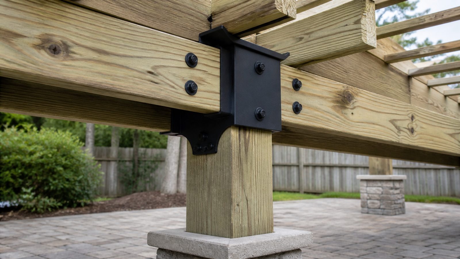 Pergola double beams connected to a wood post with clean black structural hardware